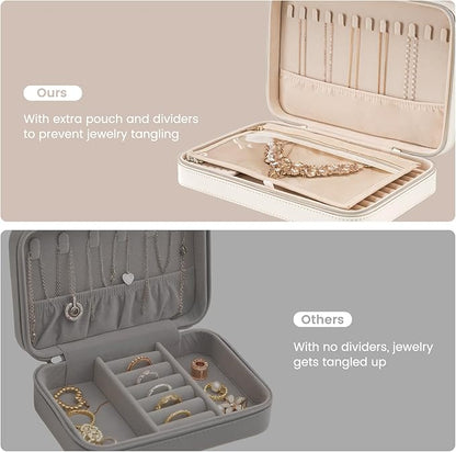 Lolalet Travel Jewelry Case for Women Girls, Travel Jewelry Organizer Box with Mirror & Clear Storage Bag, Small Portable Earring Necklace Bracelet Ring Case, Birthday Valentine Gifts -Large, White