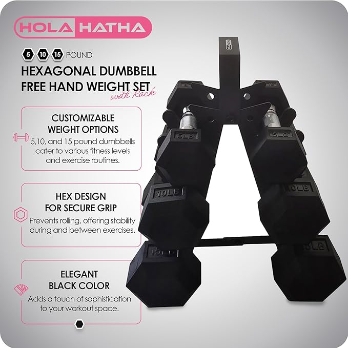 HolaHatha Hexagonal Dumbbell Weights Set, Home Gym Equipment Set, Portable Weighted Exercise Dumbbells for Fitness, Training, and Lifting Workouts