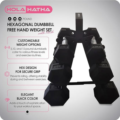 HolaHatha Hexagonal Dumbbell Weights Set, Home Gym Equipment Set, Portable Weighted Exercise Dumbbells for Fitness, Training, and Lifting Workouts