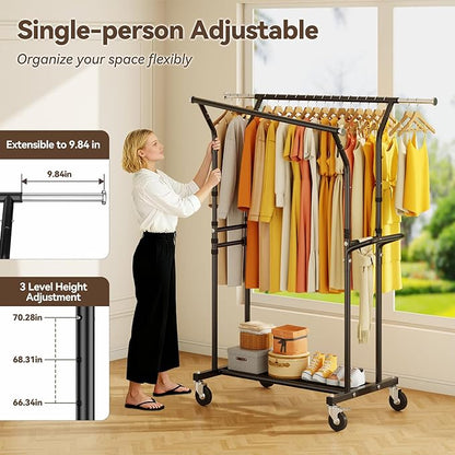 800LBS Heavy Duty Clothes Rack: Rolling Clothing Rack for Hanging Coat Double Rods Portable Wardrobe Garment Racks with Wheels Shelf Sturdy Metal Adjustable Bedroom Laundry Living Room