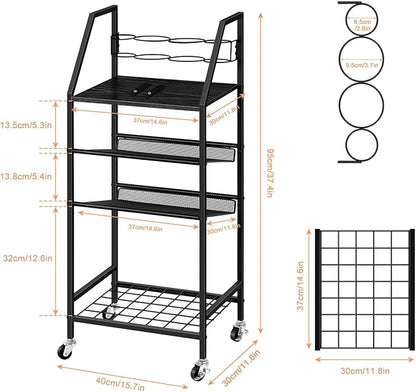 OYEAL 4 Tier Metal Bathroom Cart on Wheels Black Freestanding Bathroom Shelf Organizer with storage shelves Hair Dryer Holder Movable Towel Storage Cart for Liviing Room, Laundry Room, Kitchen