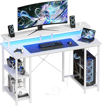 DUMOS Gaming Desk Computer Office Desks with LED Lights Power Outlets, Monitor Stand Storage Shelves, Ergonomic White Office Table for Home Gaming Station 48 Inch White