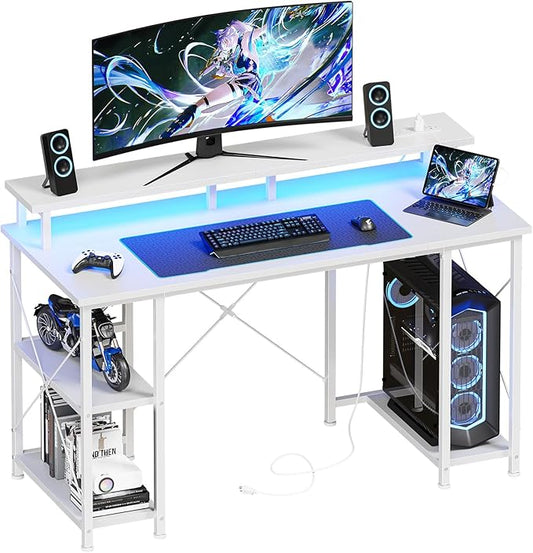 DUMOS Gaming Desk Computer Office Desks with LED Lights Power Outlets, Monitor Stand Storage Shelves, Ergonomic White Office Table for Home Gaming Station 48 Inch White
