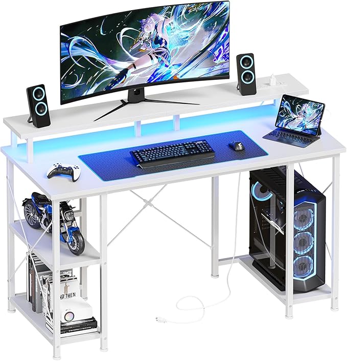 DUMOS Gaming Desk 48 inch Computer Office Desks with LED Lights Power Outlets, Monitor Stand Storage Shelves, Ergonomic White Office Table for Home Gaming Station