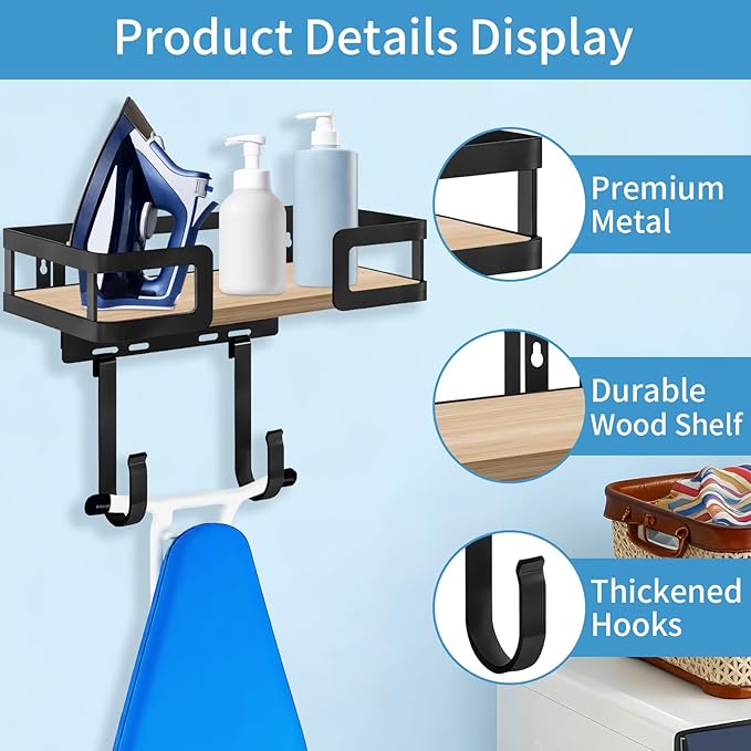 Adjustable Ironing Board Rack & Holder Wall Mount - T&V Shaped Hook for Laundry Room Organization, Space Saving Iron Storage, Easy Install, Black