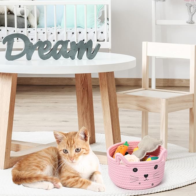 Zopeal Cat Basket Storage Woven Organizer with Ears Easter Decorative Gift Pet Toy Cute Cotton Rope Basket for Gift Cat Dog Toy Bin Nursery Room(8.3 x 4.7 Inch,Pink)