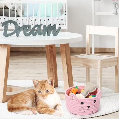 Zopeal Cat Basket Storage Woven Organizer with Ears Easter Decorative Gift Pet Toy Cute Cotton Rope Basket for Gift Cat Dog Toy Bin Nursery Room(8.3 x 4.7 Inch,Pink)