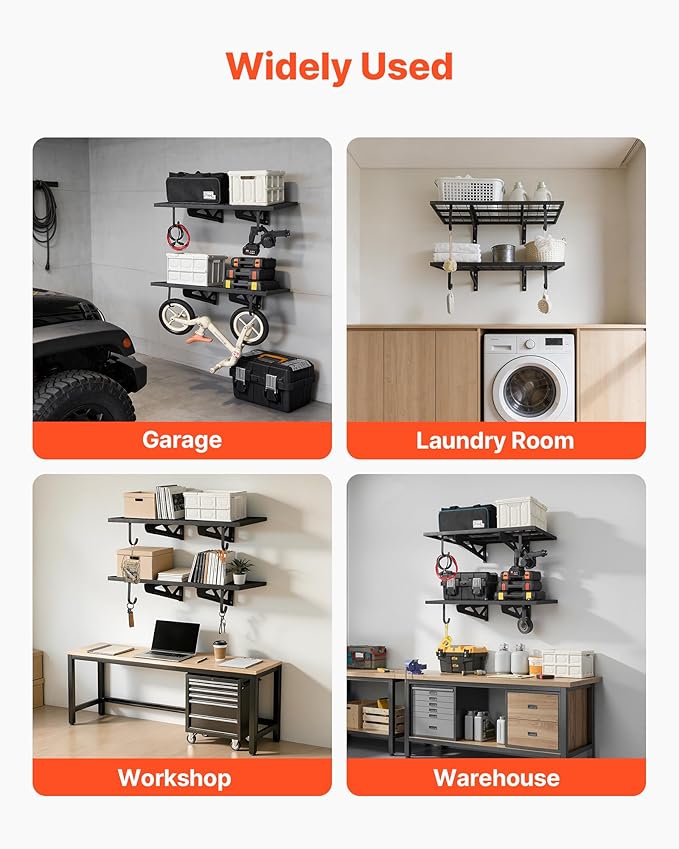 VEVOR 2-Pack Heavy Duty Garage Wall Shelving, 2 x 3 ft Steel Wall Mounted Shelving Unit with Hooks, 24 x 36 Inch Per Shelf Floating Storage Metal Rack for Garage, 500 lbs Total Weight Capacity