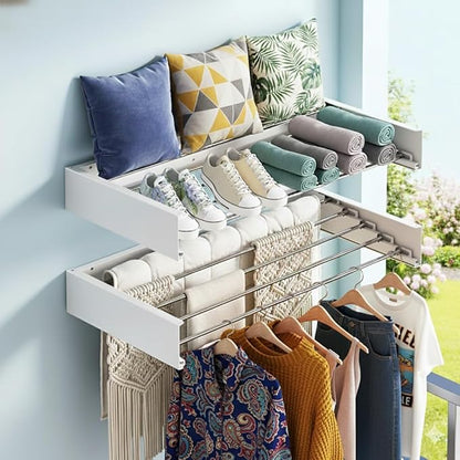 Wall Mounted Drying Rack for Laundry 31.5” Retractable Clothes Dryer Racks with 60 lb Capacity, Heavy Duty Clothing Drying Rack Foldable Space-Saving Design for Indoor & Outdoor