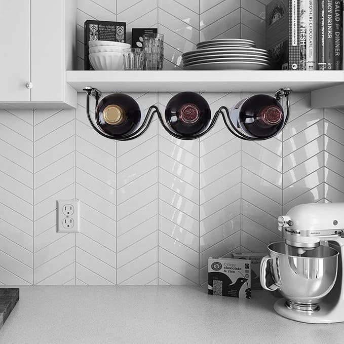 Under Cabinet Wine Rack, Organization and Storge Rack for Bottles, Under Cabinet Organizer for Liquor Bottle, Decor Kitchen Wall Mounted Wine Bottle Holder,Metal Black