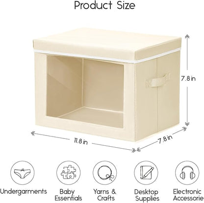 Storage Bins with Lids - Small Fabric Organizers with Window, Collapsible Storage Bins for Clothes, Decorative Closet Organizers for Towels, Tshirt, 3 Pack, Beige