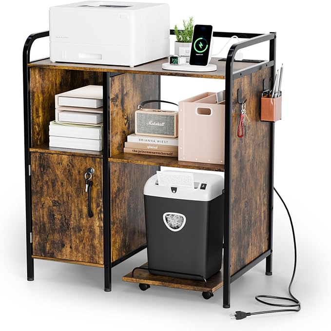 VINGLI Multifunctional Printer Stand with Trolley, Paper Shredder Stand Rack with Wheels, Lateral Office Storage Cabinets with Socket and USB Charging Port, Open Shelves for Home Office (Rustic Brown)