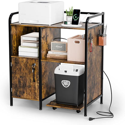 VINGLI Multifunctional Printer Stand with Trolley, Paper Shredder Stand Rack with Wheels, Lateral Office Storage Cabinets with Socket and USB Charging Port, Open Shelves for Home Office (Rustic Brown)