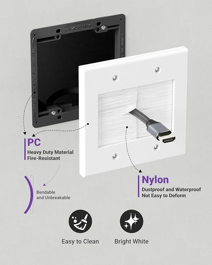 VCELINK 2 Gang Brush Wall Plate 2 Pack, Cable Pass Through Wire Hider for Cable Management, Compatible with Ethernet Cables, HDMI Cables & Home Theater Systems (White, with Bracket)