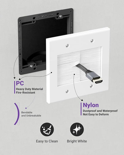 VCELINK 2 Gang Brush Wall Plate 2 Pack, Cable Pass Through Wire Hider for Cable Management, Compatible with Ethernet Cables, HDMI Cables & Home Theater Systems (White, with Bracket)