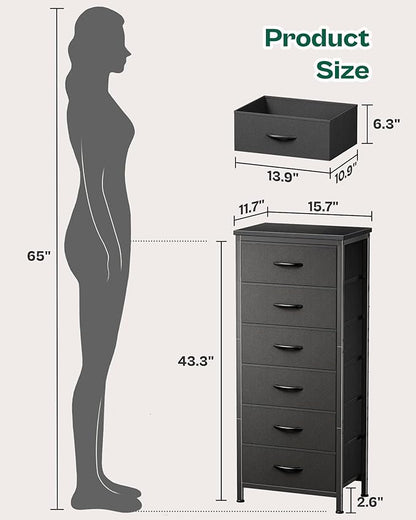 Huuger 43.3 Inch Tall Dresser for Bedroom, 6 Drawer Night Stand & Chests of Drawers, Fabric Dresser for Closet, Bedroom, Nightstand, End Table with Metal Frame, Storage Tower with Fabric Bins, Black