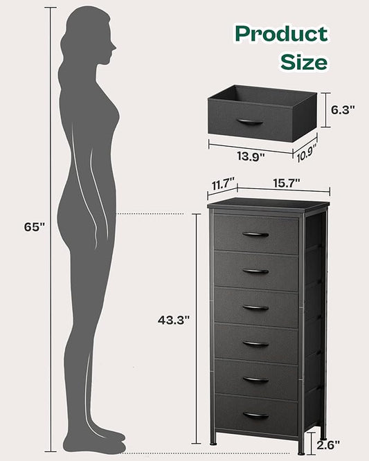 Huuger 43.3 Inch Tall Dresser for Bedroom, 6 Drawer Night Stand & Chests of Drawers, Fabric Dresser for Closet, Bedroom, Nightstand, End Table with Metal Frame, Storage Tower with Fabric Bins, Black