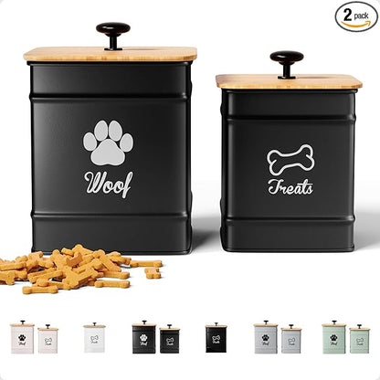 Dog Treat Container Airtight Set of 2 - 8x6 & 7x5 inch Iron Dog Treat Jars for Kitchen Counter with Airtight Bamboo Lids - 20 Cup Capacity Pet Treat Container Set - Doggie Cookie Jar - Treats Canister