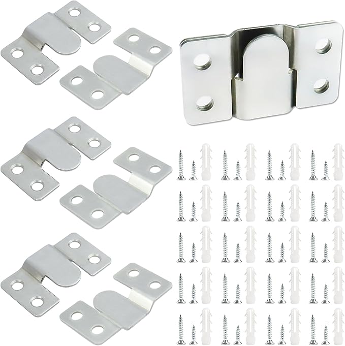 4 Pairs Stainless Steel Flush Mount Bracket Interlocking Headboard Hardware for Picture Hangers,Interlocking Heavy Duty Photo Frame Hook,Interlock Bracket Furniture Connector (Silver)