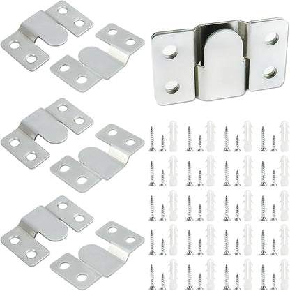 4 Pairs Stainless Steel Flush Mount Bracket Interlocking Headboard Hardware for Picture Hangers,Interlocking Heavy Duty Photo Frame Hook,Interlock Bracket Furniture Connector (Silver)