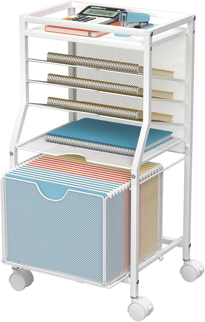 Rolling File Cart, 6-Tier Desk File Organizer on Lockable Wheels, White Wood Planks & Mesh Sliding Hanging Folder Drawer, Organization Cart for Office Home School
