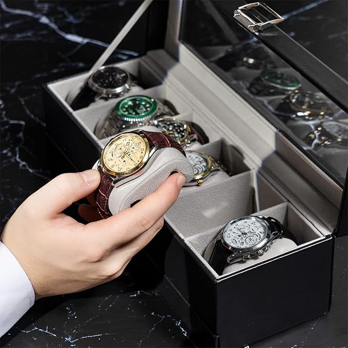 ProCase Watch Box, 6 Slot Watches Display Case with Drawer, Mens Watch Case with Glass Lid, 2-Layer Mens Jewelry Organizer Storage Holder, Birthday Valentine Gifts for Men -6 Slot, Black