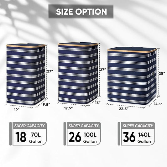 BALEINE Laundry Hamper with Lid, Tall Laundry Baskets with Bamboo Pull Handles, Large Laundry Bin with Internal Support (18 Gal/70L, Blue Pinstripe)
