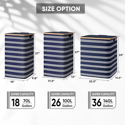 BALEINE Laundry Hamper with Lid, Tall Laundry Baskets with Bamboo Pull Handles, Large Laundry Bin with Internal Support (36 Gal/140L, Blue Pinstripe)