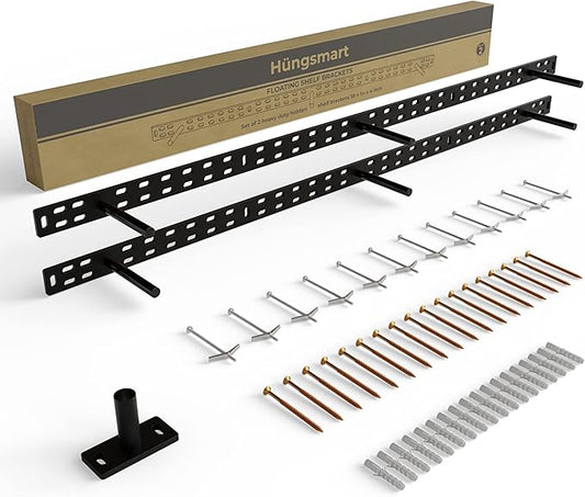 Set of 2 Floating Shelf Brackets 38 inch Multiple Mounting Location Hit 3 Studs Heavy Duty Perfect Bracket for Long Shelf/ Hidden Wall Shelves Support Hardware Kitchen/Living Room/Office (4 inch Rods)