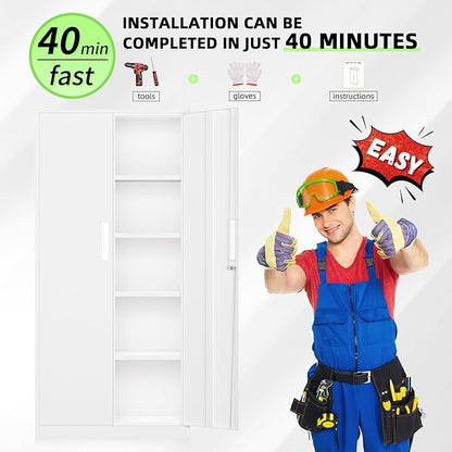 Bonusall 72" Metal Garage Storage Cabinet, 2 Locking Doors & 4 Adjustable Shelves Tall Storage, Heavy Duty Steel Tool Cabinet for Home, Office, Warehouse, School - White