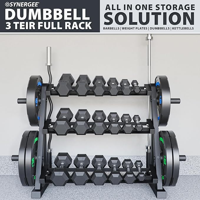 Synergee 3-Tier Dumbbell Storage Rack with 2 Barbell Holders and 4 Weight Plate Pegs, Featuring 2-Tier Dumbbell Storage and 3rd Tier for Kettlebell Storage – Accommodates 1" and 2" Plates – All-in-One