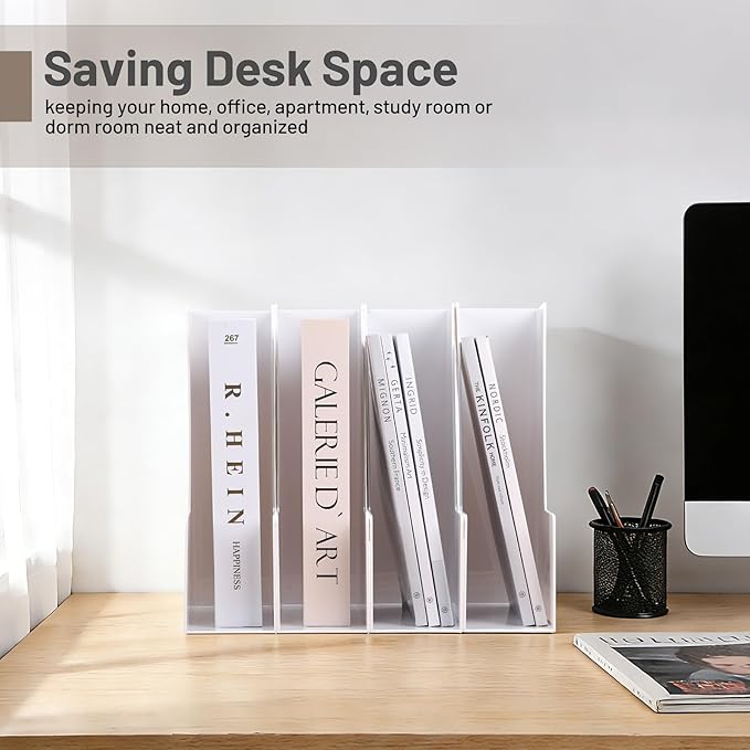 Vertical Magazine File Holder, Desk Organizer and Storage for Magazines, Binders, Notebooks, Envelopes, Multi-Purpose Desktop File Organizer for Home, Office & Classroom, 4 Pack, White