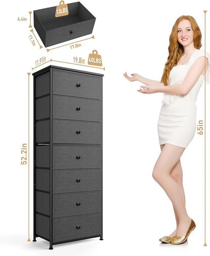 Tall Fabric Dresser for Bedroom, Vertical Storage Organizer Tower with 7 Drawers, Chest of Drawers with Bins, Steel Frame, Wood Top for Bedroom, Closet, Entryway Grey