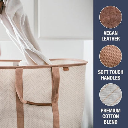 CleverMade Collapsible Laundry Caddy – Foldable Laundry Hamper & Tote, XXL 64L Pop-Up Laundry Basket with Handles, Space-Saving Laundry Organizer for Home & Travel, 2 Pack - LUXE Cream Herringbone