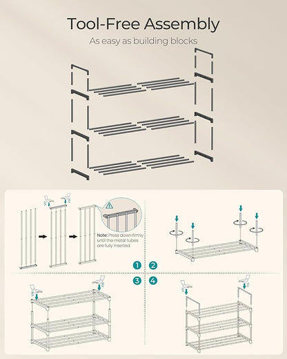 SONGMICS Shoe Rack, 3-Tier Shoe Organizer, Metal Storage Shelf, Upright or Upside Down, for 8-12 Pairs, Stackable, for Entryway, 11.8 x 26.8 x 21.7 Inches, Black ULSA203B01