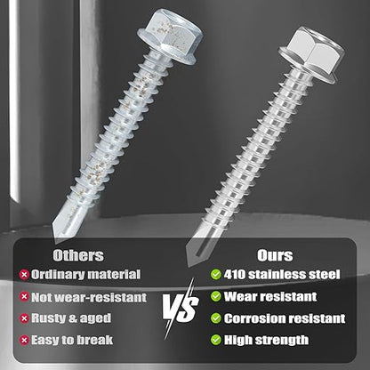150Pcs Self Drilling Screws Assortment Kit, 410 Stainless Steel Self Tapping Sheet Metal Screws, #8 1/2" 3/4" #10 1" 1-1/2", Hex Washer Head