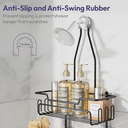 SWTYMIKI Bathroom Shower Caddy Hanging - 3 Tier Rustproof Over Shower Head Organizer, No Drilling Bathroom Shelf with 16 Hooks & Soap Holder, Anti-Swing Rack for Shampoo,Sponge,Towel, Black, Medium