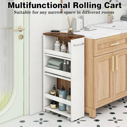 IBUYKE Slim Storage Cart 5.9" W, Rolling Organizer Trolley for Small Spaces, 4-Tier Laundry Cart with Handle, Slide Out Utility Cart for Kitchen, Living Room, Laundry,Narrow Places,White WST005W