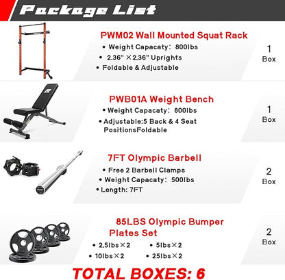 RitFit 2.36'' x 2.36'' Folding Squat Rack for Home Gym, Wall Mounted Squat Rack with Attachments - Space Saving Squat Power Rack