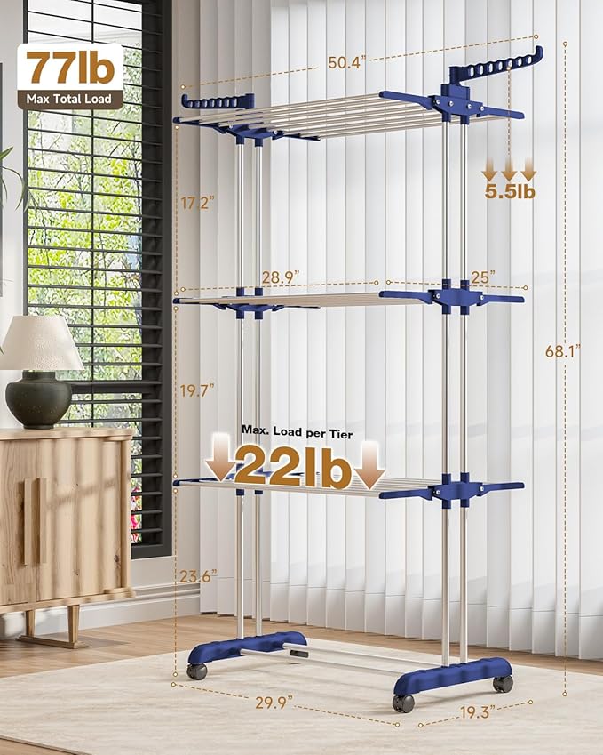 Bigzzia Clothes Drying Rack, 67.7 Inch Laundry Drying Rack with Foldable Base, 4 Tier Stainless Steel Drying Rack Clothing, Movable Laundry Rack for Indoor Outdoor-Blue