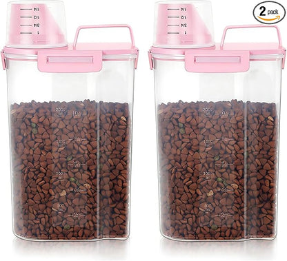 3-5Lbs Airtight Small Cat Dog Pet Food Storage Containers BPA Free, with Large Pour Spout/1 Measuring Cup/ 4 Safety Locks and Double-layer Silicone Strip (Pink 2Pack)