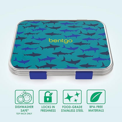 Bentgo Kids Stainless Steel Prints Leak-Resistant Lunch Box - 3-Compartments with Bonus Silicone Container, Durable, Eco-Friendly, Dishwasher Safe, BPA-Free, Ideal for School, Ages 3+ (Shark)