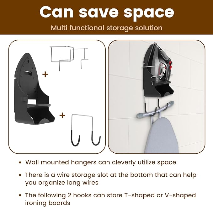 Iron Board Hanger Wall Mounted, Iron and Ironing Board Storage Organizer, Iron Hanger with Ironing Board Rack, Iron Board Holder, Electric Iron Holder for Home Bathroom (Black)