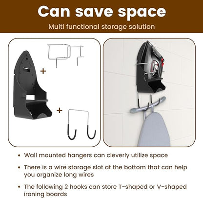 Iron Board Hanger Wall Mounted, Iron and Ironing Board Storage Organizer, Iron Hanger with Ironing Board Rack, Iron Board Holder, Electric Iron Holder for Home Bathroom (Black)