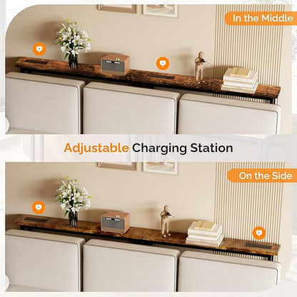 VINGLI 79" Console Table with Charging Station, 5.9" Narrow Sofa Table Set of 2, Entryway Table with Power Outlet & 4.9 Ft Extension Cord & Adjustable Feet, for Living Room, Hallway, Rustic Brown