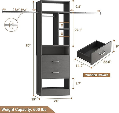 COTUBLR Closet System, 48" W - 105” W Closet Organizer with 24” Tower and 2 Extendable Hanging Rods, Walk-in Wardrobe Garment Rack with 2 Wooden Drawers and 6 Shelves, Fit up to 600 LBS (Black)