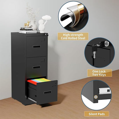 3 Drawer File Cabinet with Lock, Vertical Filing Cabinets for Home Office, Heavy Duty File Cabinet, Metal Storage Cabinets for Letter/Legal/A4/F4 Size Assembly Required, Black