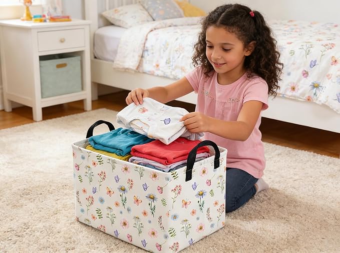 Rectangle Kids Baskets Flower Basket Cute Storage Bin Organizer Boys Box for Room Decor Gift Basket(Watercolor flower)