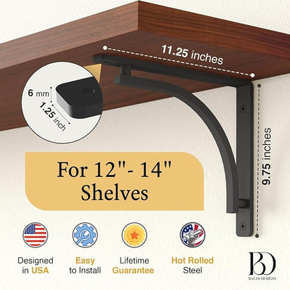 Classic Black Heavy Duty Shelf Brackets 12 inch by Balin Designs – L Bracket, Wall Mounted Support, Shelving Metal Bracket, Decorative Shelf Brackets, with Hardware Included, Set of 2