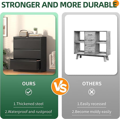 Lateral File Cabinet, 3 Drawer Lateral File Cabinet with Lock, Metal Filing Cabinets for Home Office, Black Wide Deep Drawer for Hanging Files Letter/Legal/A4/F4 Size, Printer Stand, Assembly Required